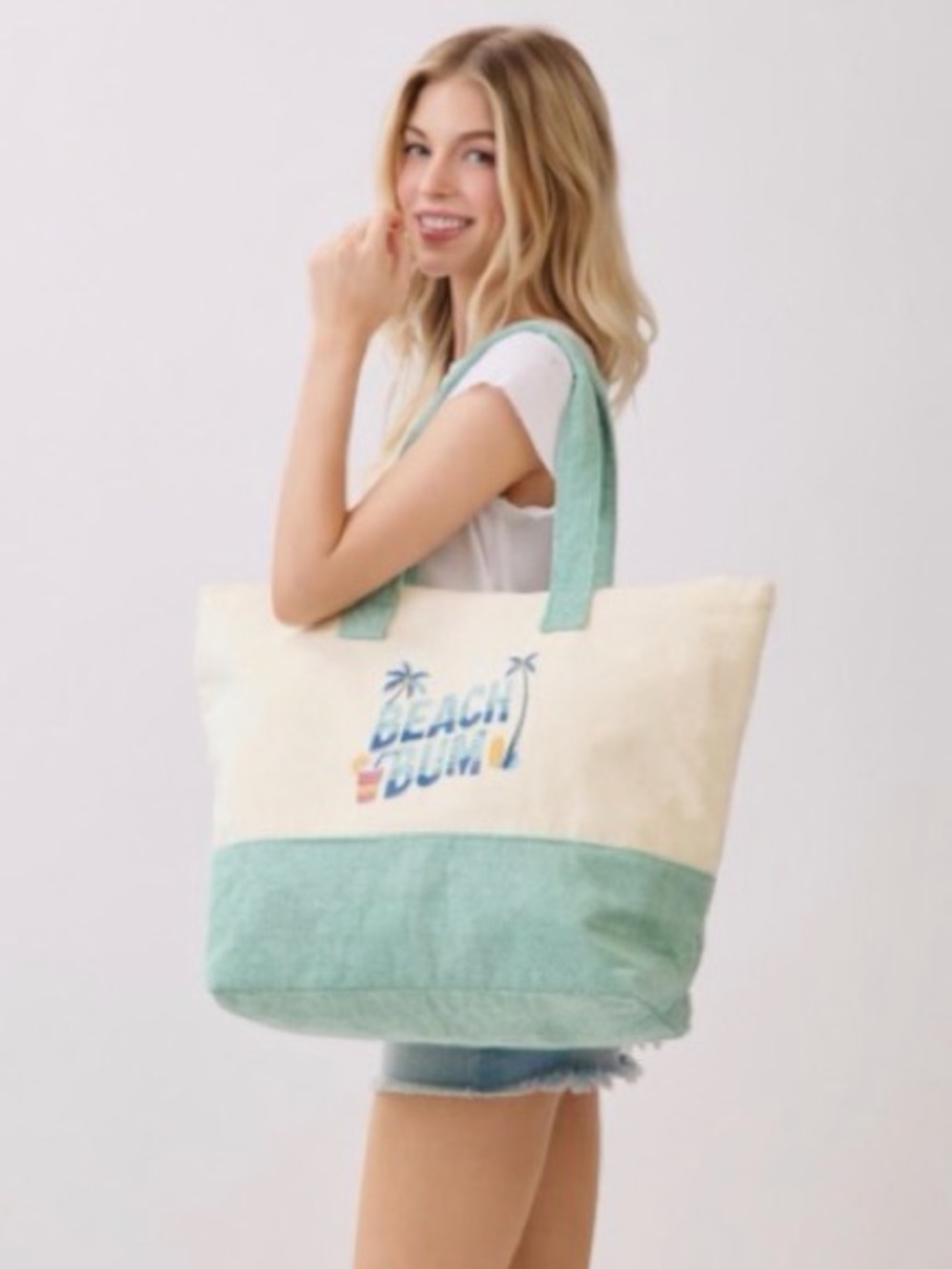Beach Bum Canvas Tote Bag in Cream & Mint